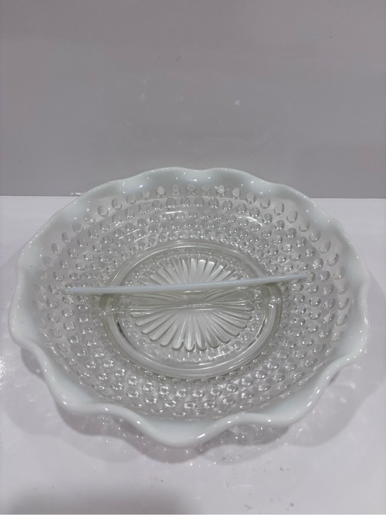 None Other - Vintage white milk glass hobnail divided candy relish dish scalloped serving